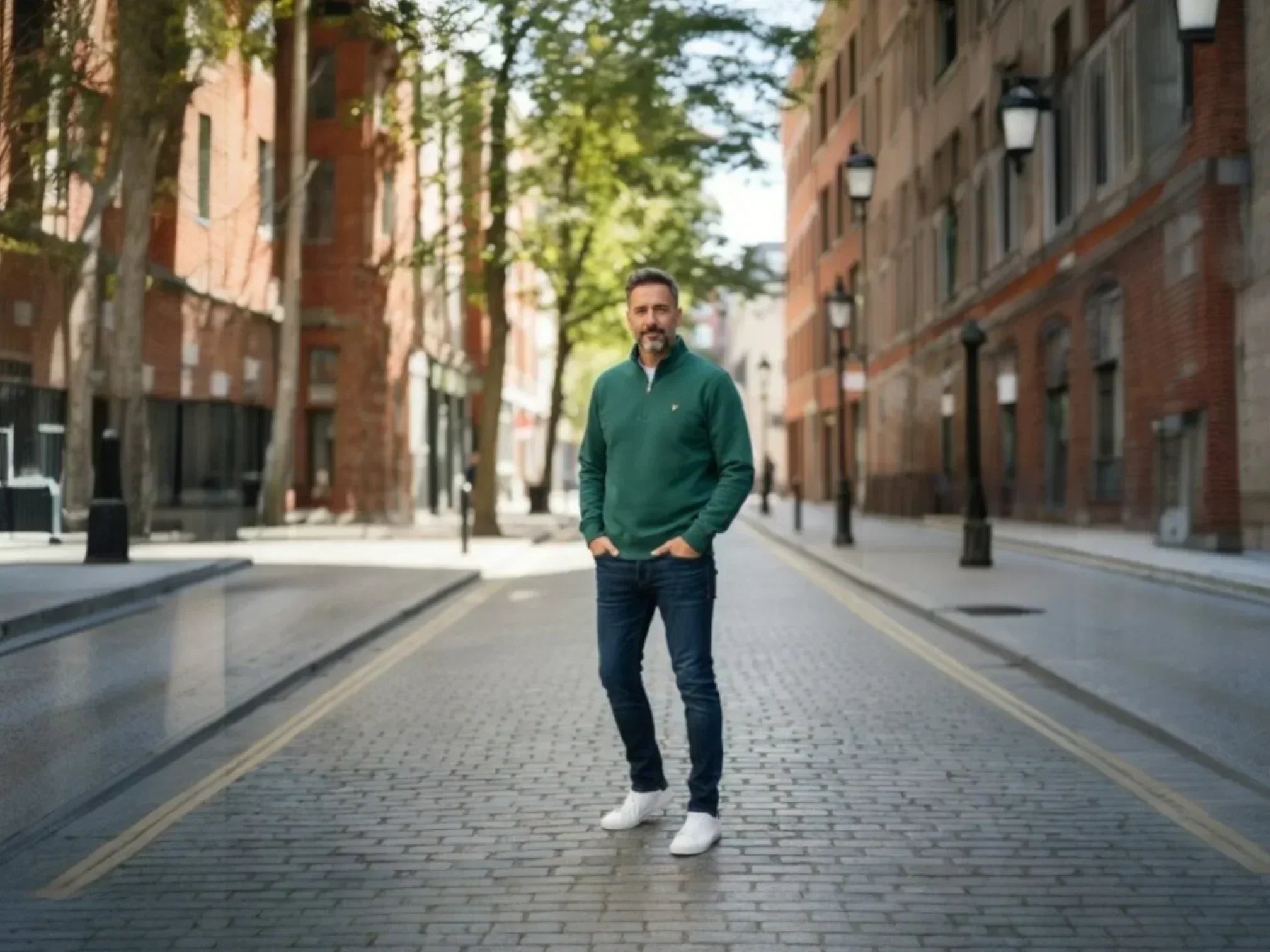 A man standing on a cobblestone city street wearing a Lyle & Scott Men’s Loopback Quarter Zip Sweatshirt in Everglade green with dark denim jeans and white trainers.