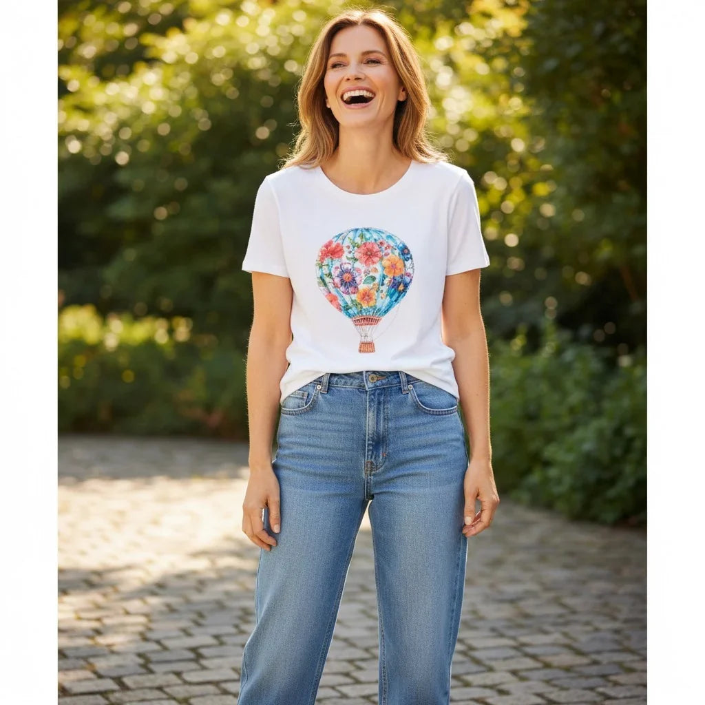 The Ultimate Casual Chic Upgrade: Ladies Embellished Hot Air Balloon T-Shirt in White