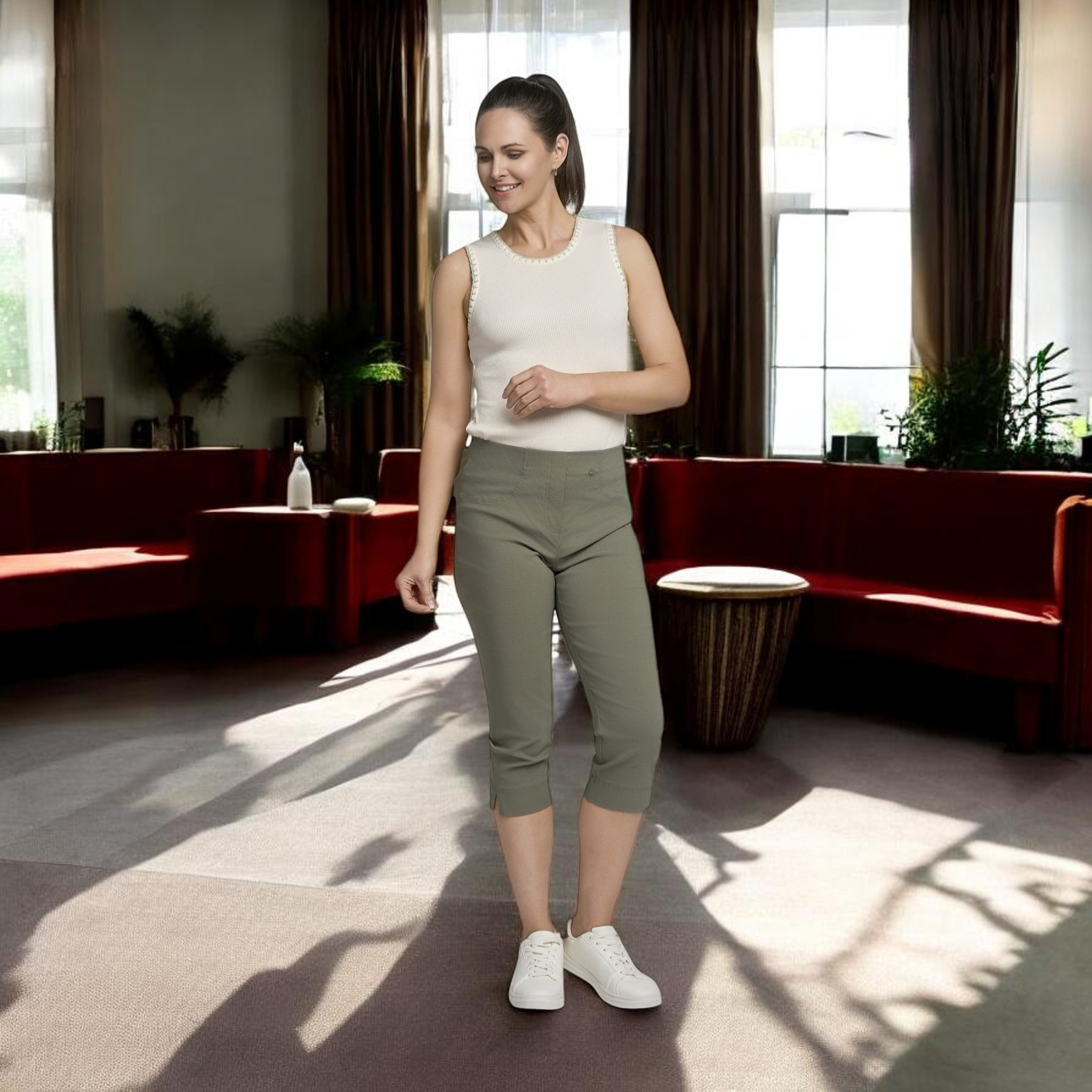 Pinnns - Ladies - Bengaline Crop Trousers With Pockets - Khaki - 226C - Wildvine Clothing, Spalding, Lincolnshire