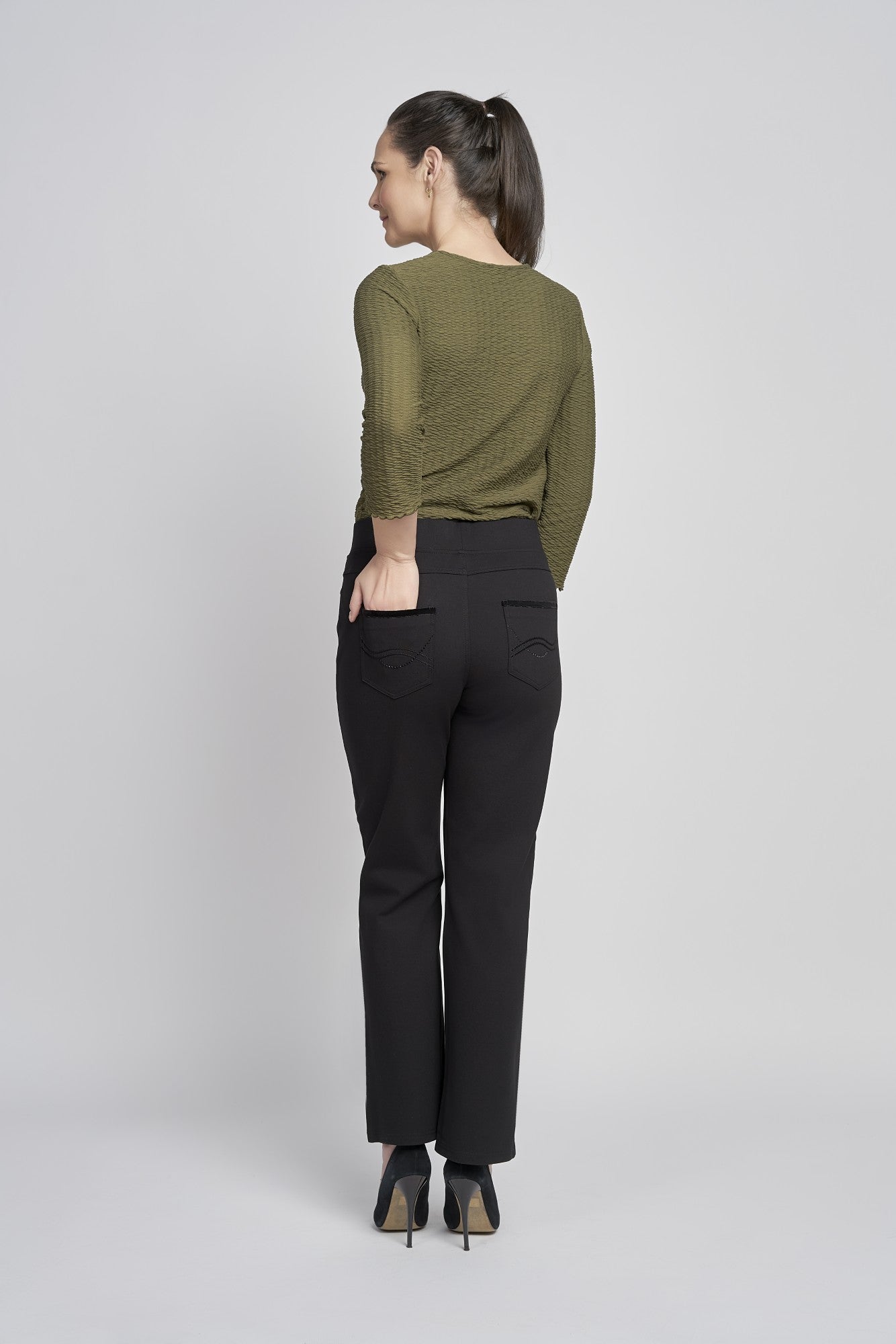 Pinns - Ladies Ponte Jean Style Trouser with Crystal and Velvet Pocket Detail - Black 405T - Wildvine Clothing, Spalding, Lincolnshire