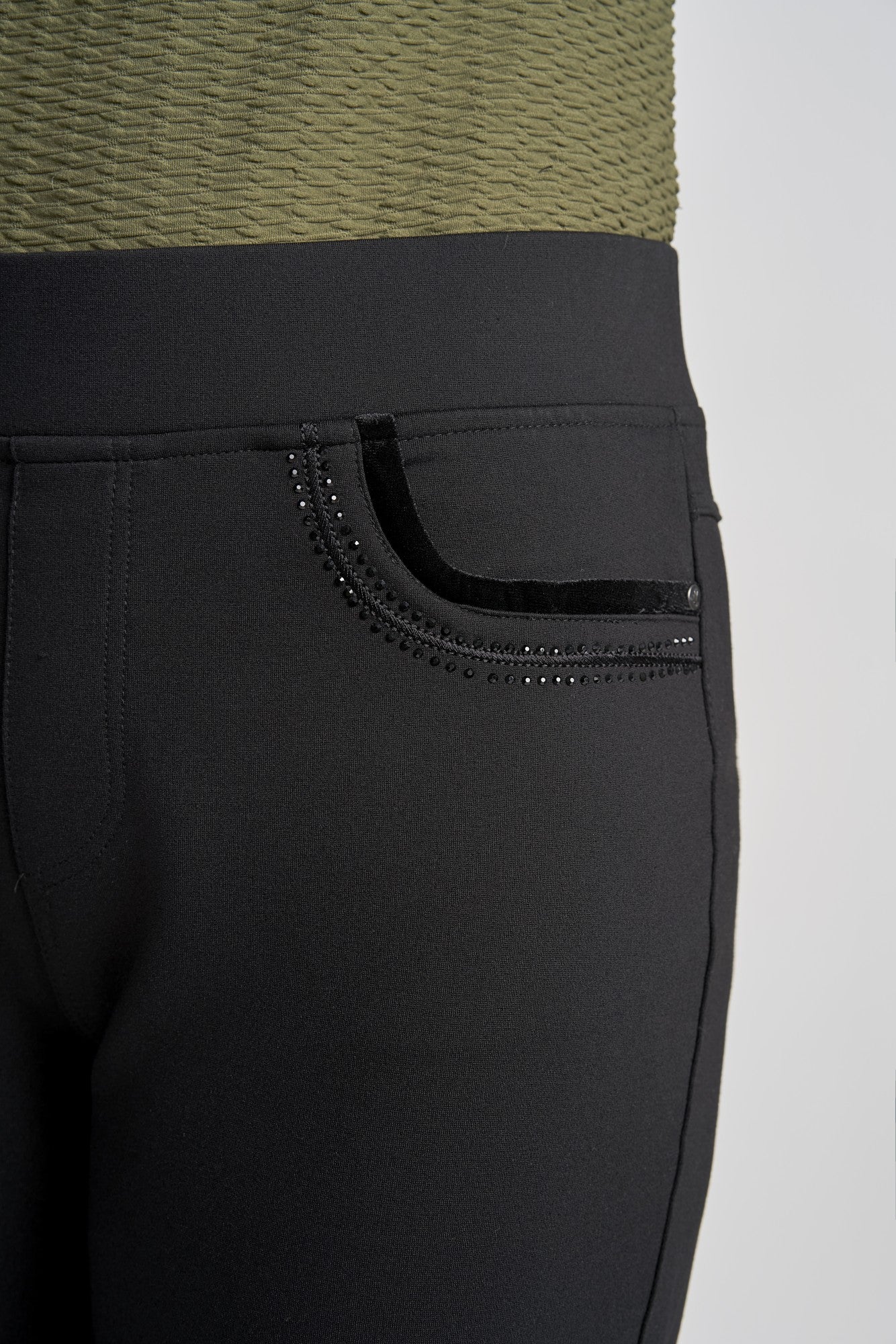 Pinns - Ladies Ponte Jean Style Trouser with Crystal and Velvet Pocket Detail - Black 405T - Wildvine Clothing, Spalding, Lincolnshire