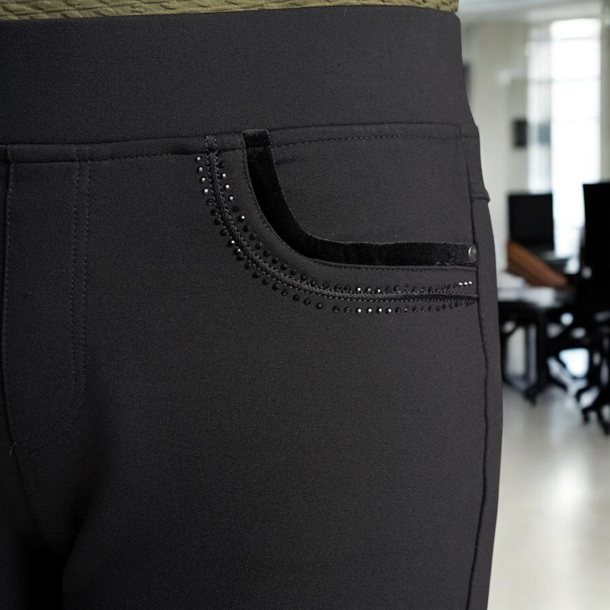 Pinns - Ladies Ponte Jean Style Trouser with Crystal and Velvet Pocket Detail - Black 405T - Wildvine Clothing, Spalding, Lincolnshire