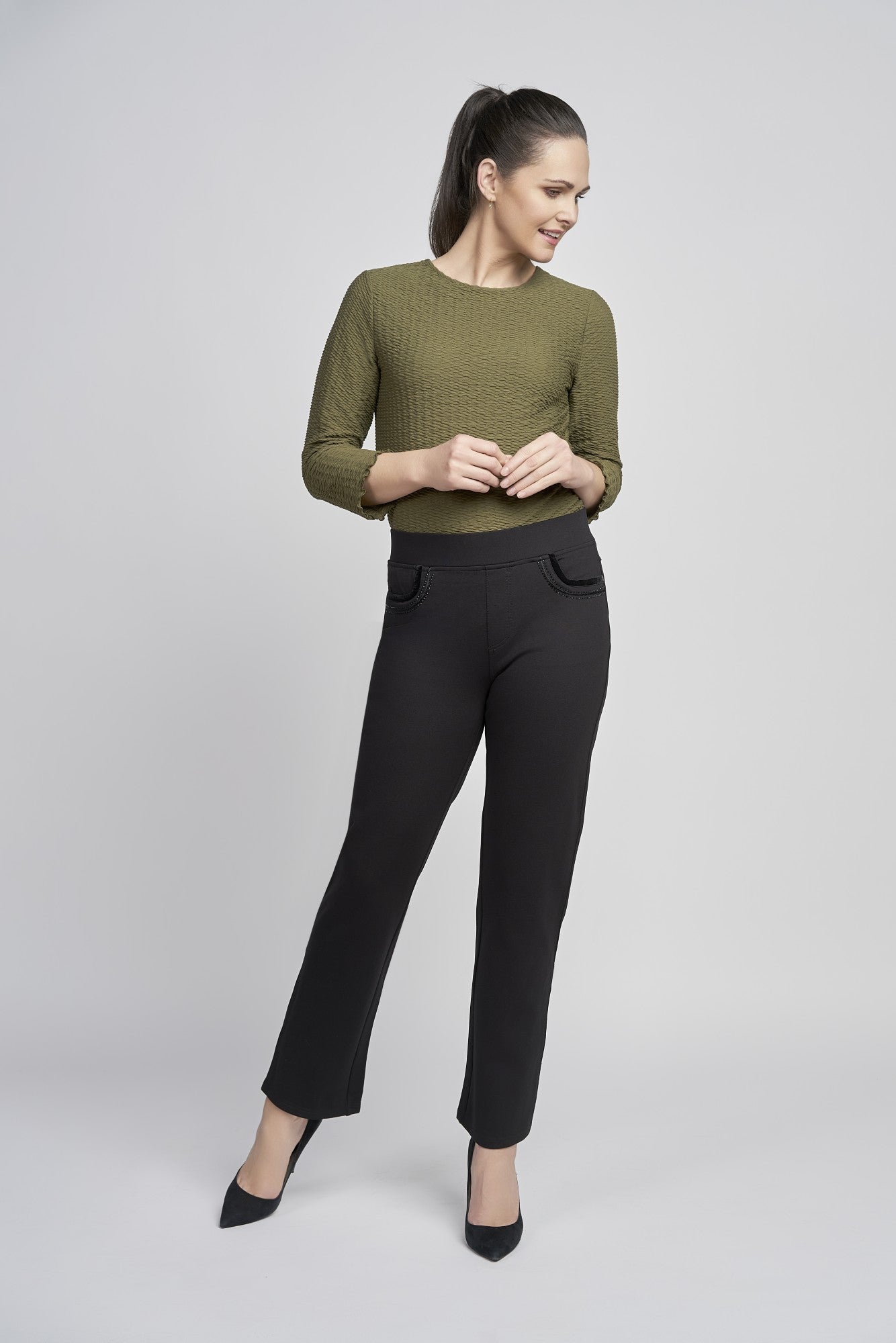 Pinns - Ladies Ponte Jean Style Trouser with Crystal and Velvet Pocket Detail - Black 405T - Wildvine Clothing, Spalding, Lincolnshire