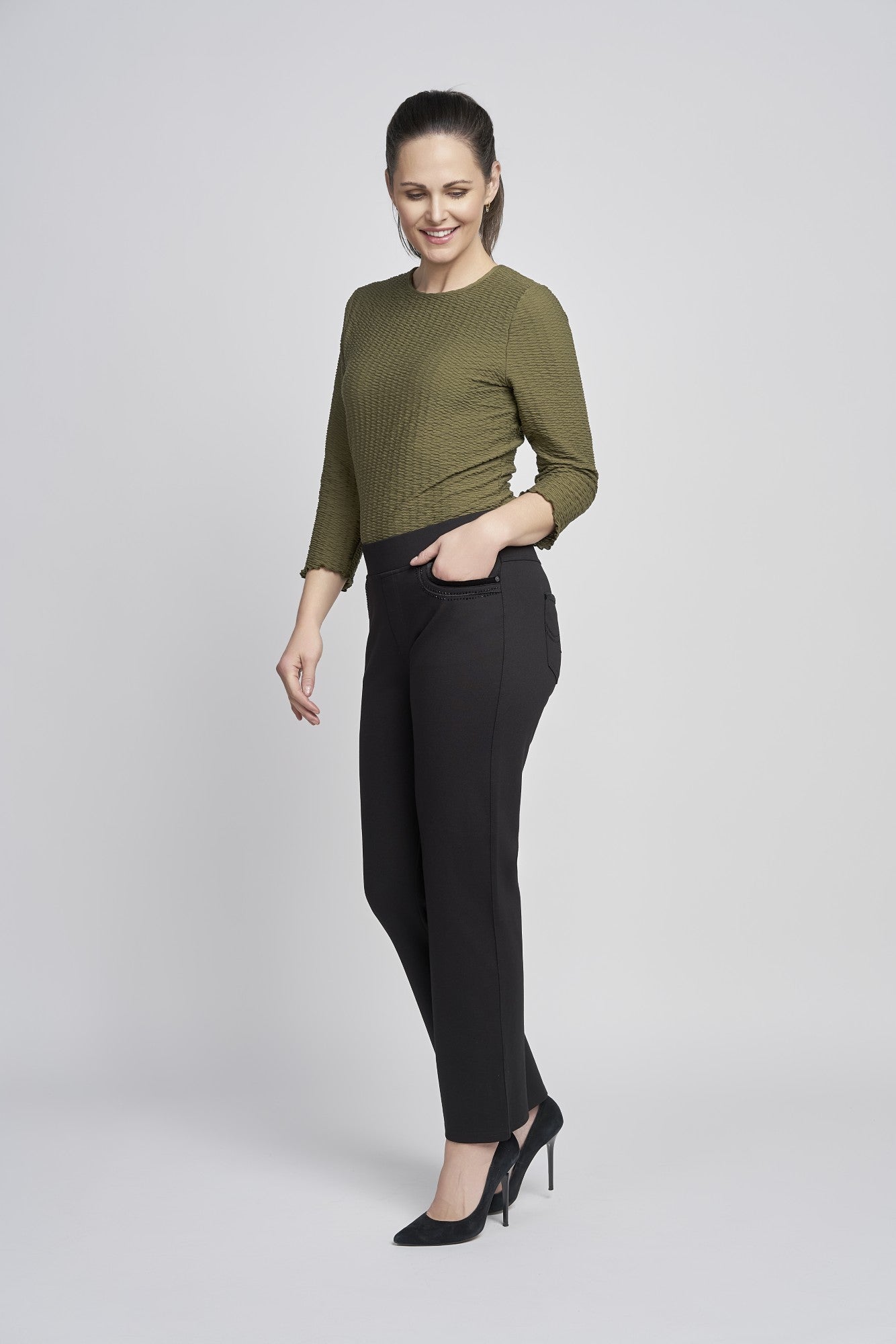 Pinns - Ladies Ponte Jean Style Trouser with Crystal and Velvet Pocket Detail - Black 405T - Wildvine Clothing, Spalding, Lincolnshire