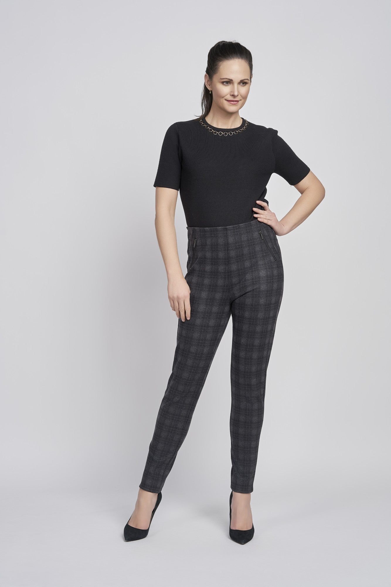 Pinns - Ladies Ponte Pull Up Legging with Stylish Front Zippers - Grey Check 420T/S08SGC - Wildvine Clothing, Spalding, Lincolnshire