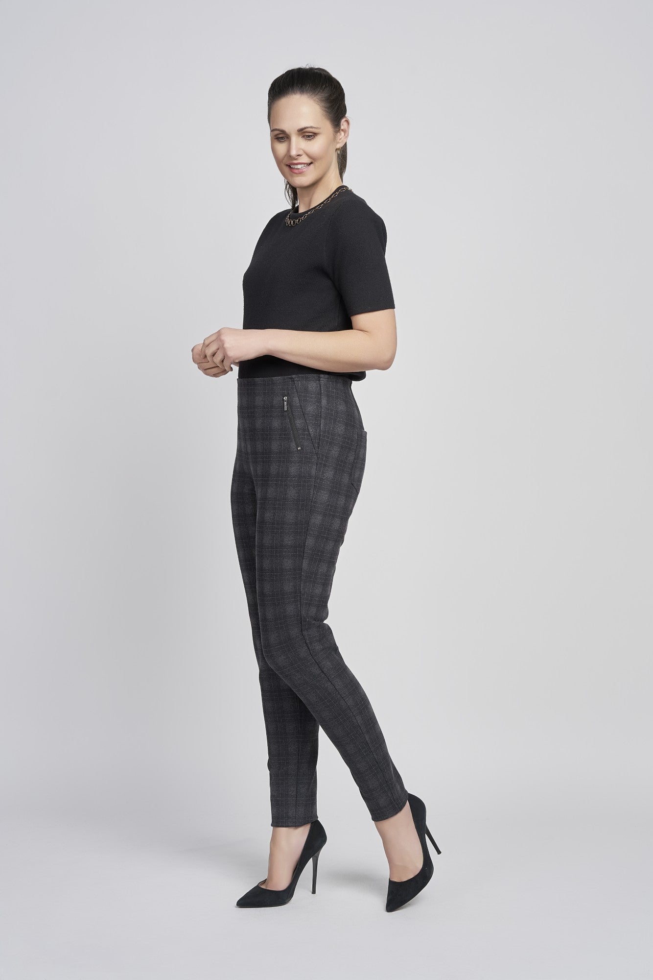 Pinns - Ladies Ponte Pull Up Legging with Stylish Front Zippers - Grey Check 420T/S08SGC - Wildvine Clothing, Spalding, Lincolnshire