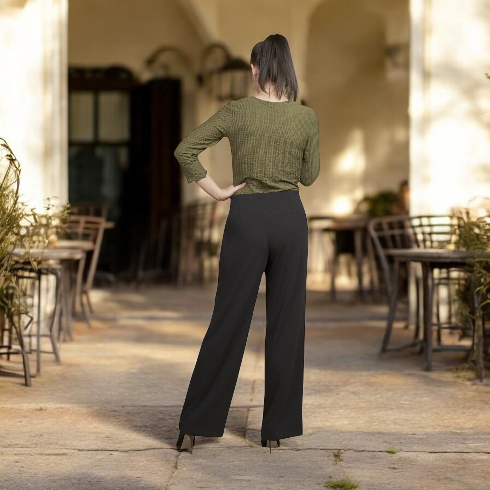 Pinns - Ladies Wide Leg Jersey Trouser with Button Feature - Black 457T - Wildvine Clothing, Spalding, Lincolnshire