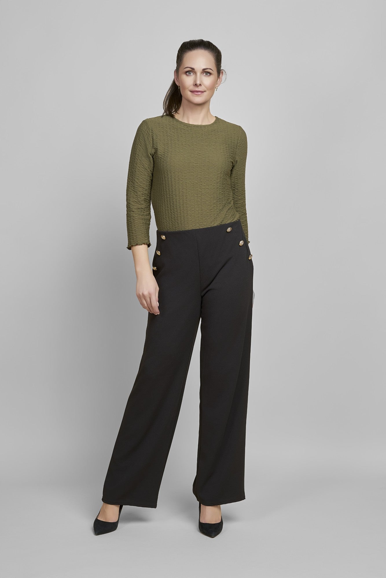 Pinns - Ladies Wide Leg Jersey Trouser with Button Feature - Black 457T - Wildvine Clothing, Spalding, Lincolnshire