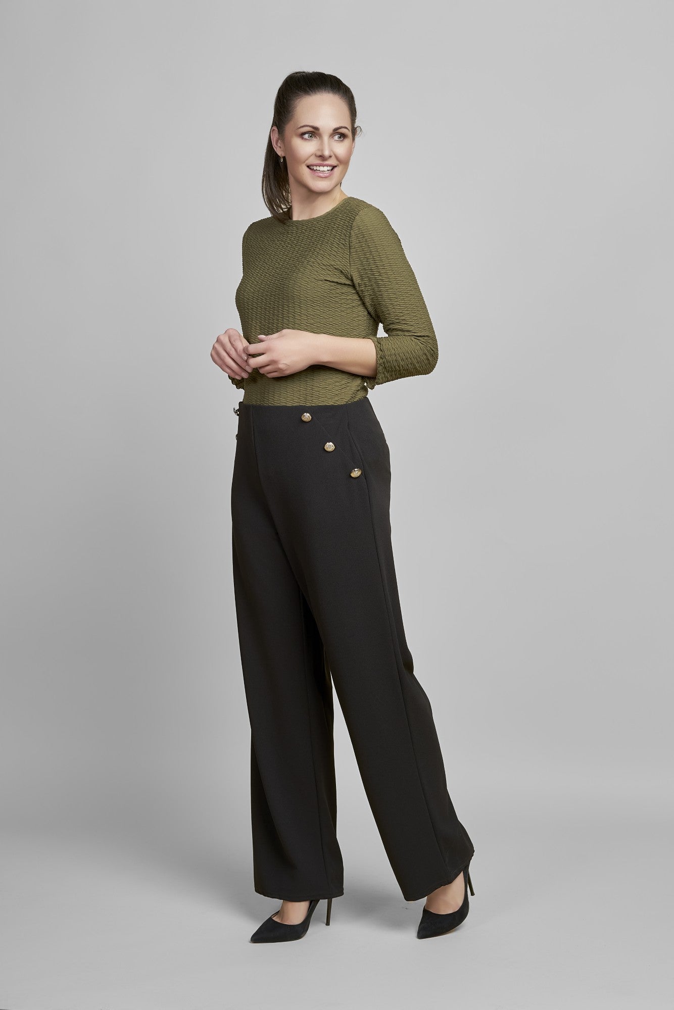 Pinns - Ladies Wide Leg Jersey Trouser with Button Feature - Black 457T - Wildvine Clothing, Spalding, Lincolnshire