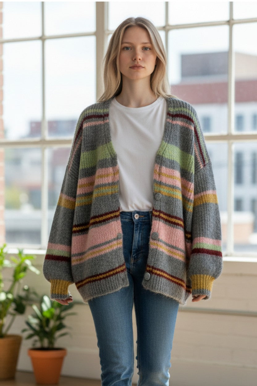 Wild Flower - Ladies - Multi Stripe Knit Cardigan - Multi colour - Wildvine Clothing, Spalding, Lincolnshire