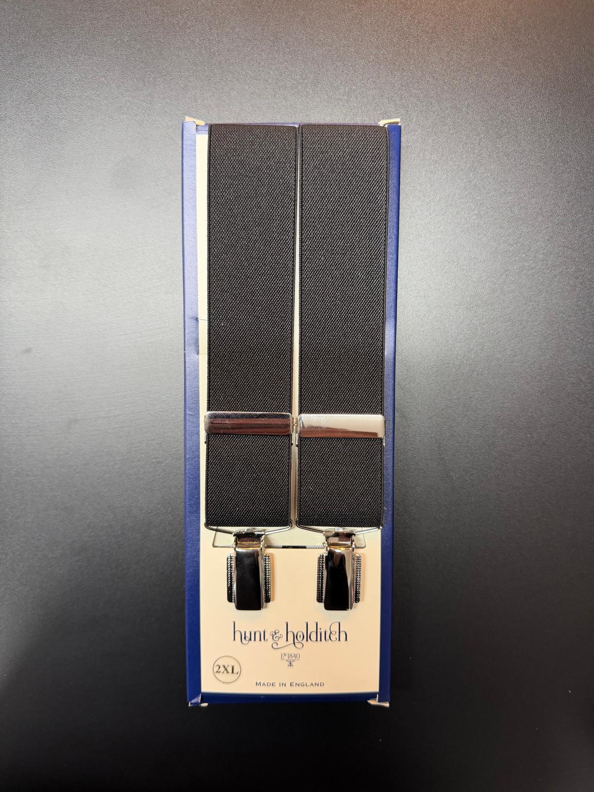 Hunt & Holditch - Mens - Plain Black Braces-Feathered Silver Clip - 2XL - Wildvine Clothing, Spalding, Lincolnshire