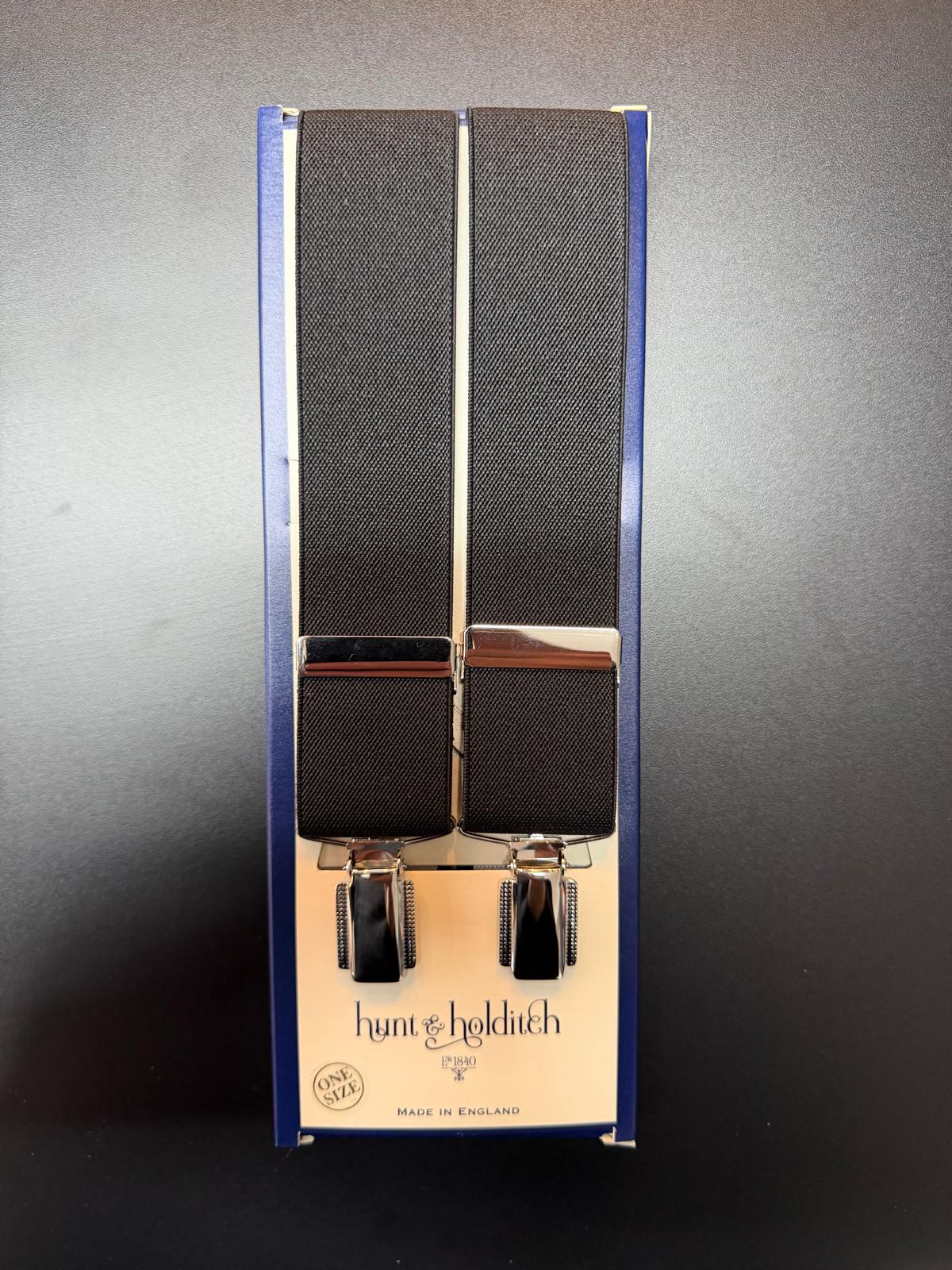 Hunt & Holditch - Mens - Plain Black Braces-Feathered Silver Clip - One Size - Wildvine Clothing, Spalding, Lincolnshire