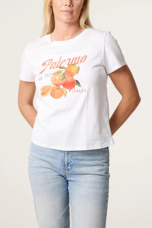 QED - Ladies - "Palermo Orange" Embellished Print T-Shirt - Wildvine Clothing, Spalding, Lincolnshire