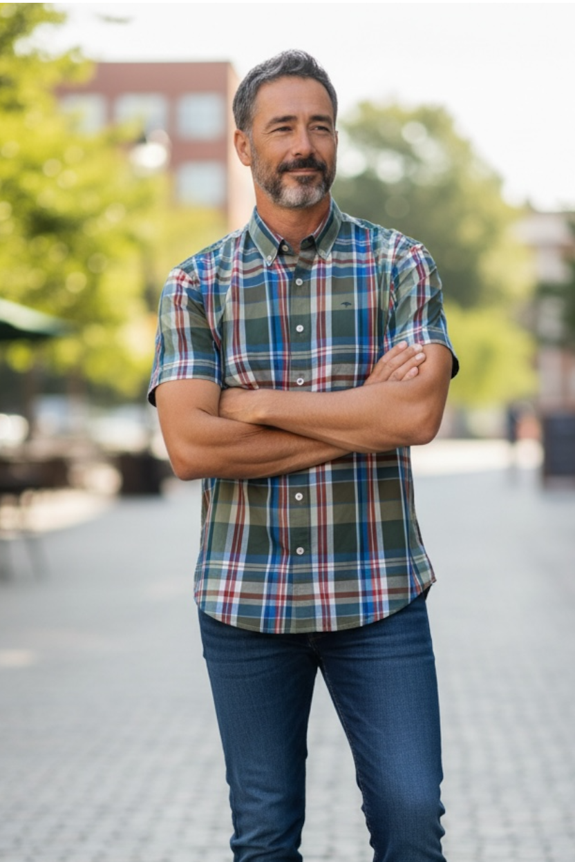 Fynch-Hatton - Mens Shirt - Modern Check - Vibrant Blue - 1/2 sleeve 622 - Wildvine Clothing, Spalding, Lincolnshire