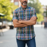 Fynch-Hatton - Mens Shirt - Modern Check - Vibrant Blue - 1/2 sleeve 622 - Wildvine Clothing, Spalding, Lincolnshire