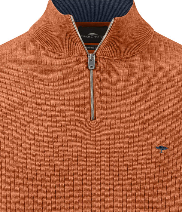 Fynch-Hatton - Mens - Ribbed Knitted Sweater - Troyer-Zip - Sienna - 1608234 818 - Wildvine Clothing, Spalding, Lincolnshire