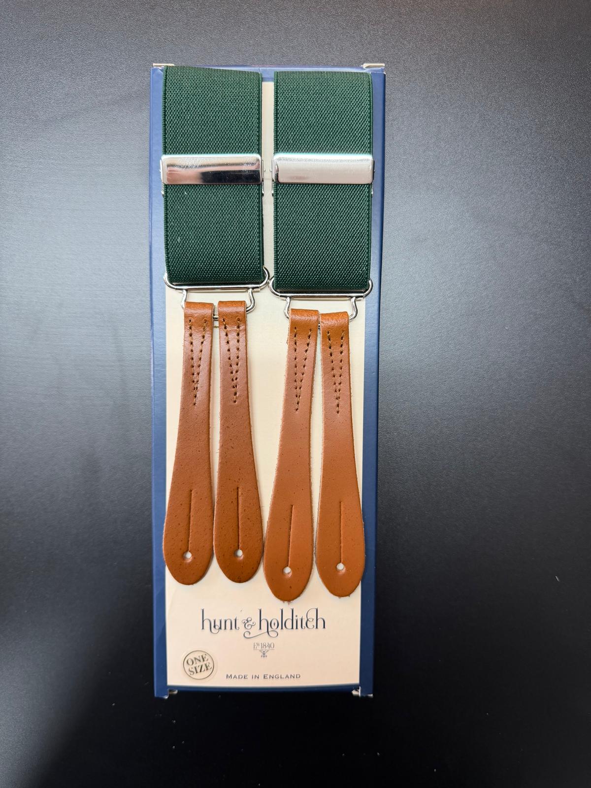 Hunt & Holditch - Mens - Plain Green Braces - Silver Fit-Tan Leather - One Size - Wildvine Clothing, Spalding, Lincolnshire