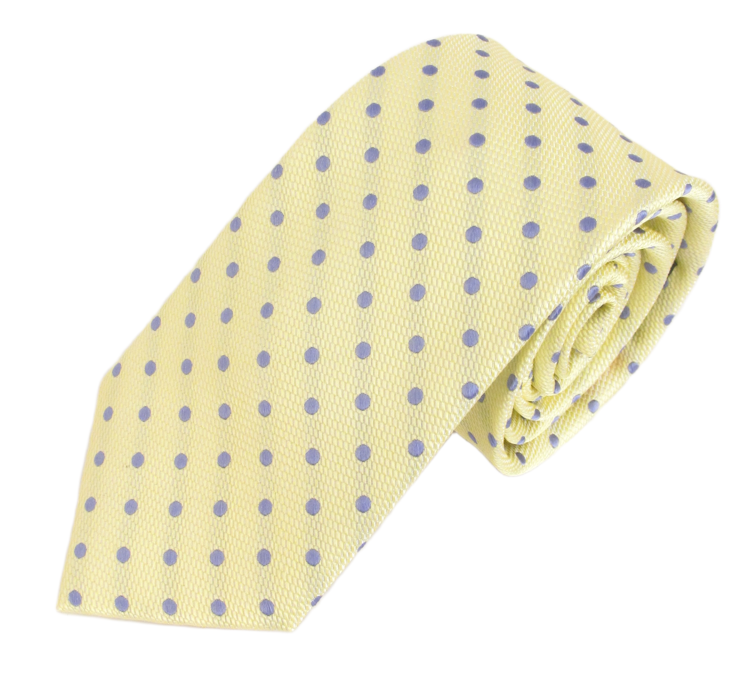 Van Buck - Mens - Lemon Yellow Silk Tie with Sky Blue Polka Dots - Wildvine Clothing, Spalding, Lincolnshire