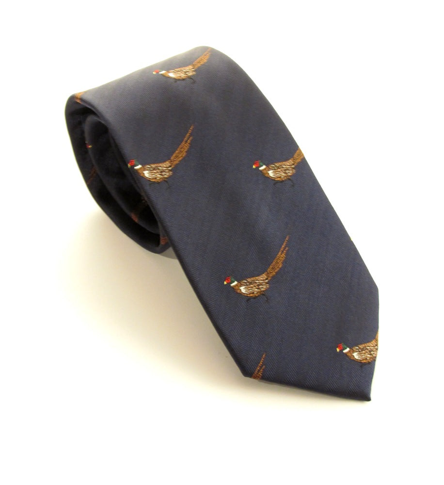 Van Buck - Mens - Navy Blue Running Pheasant Country Silk Tie - Wildvine Clothing, Spalding, Lincolnshire
