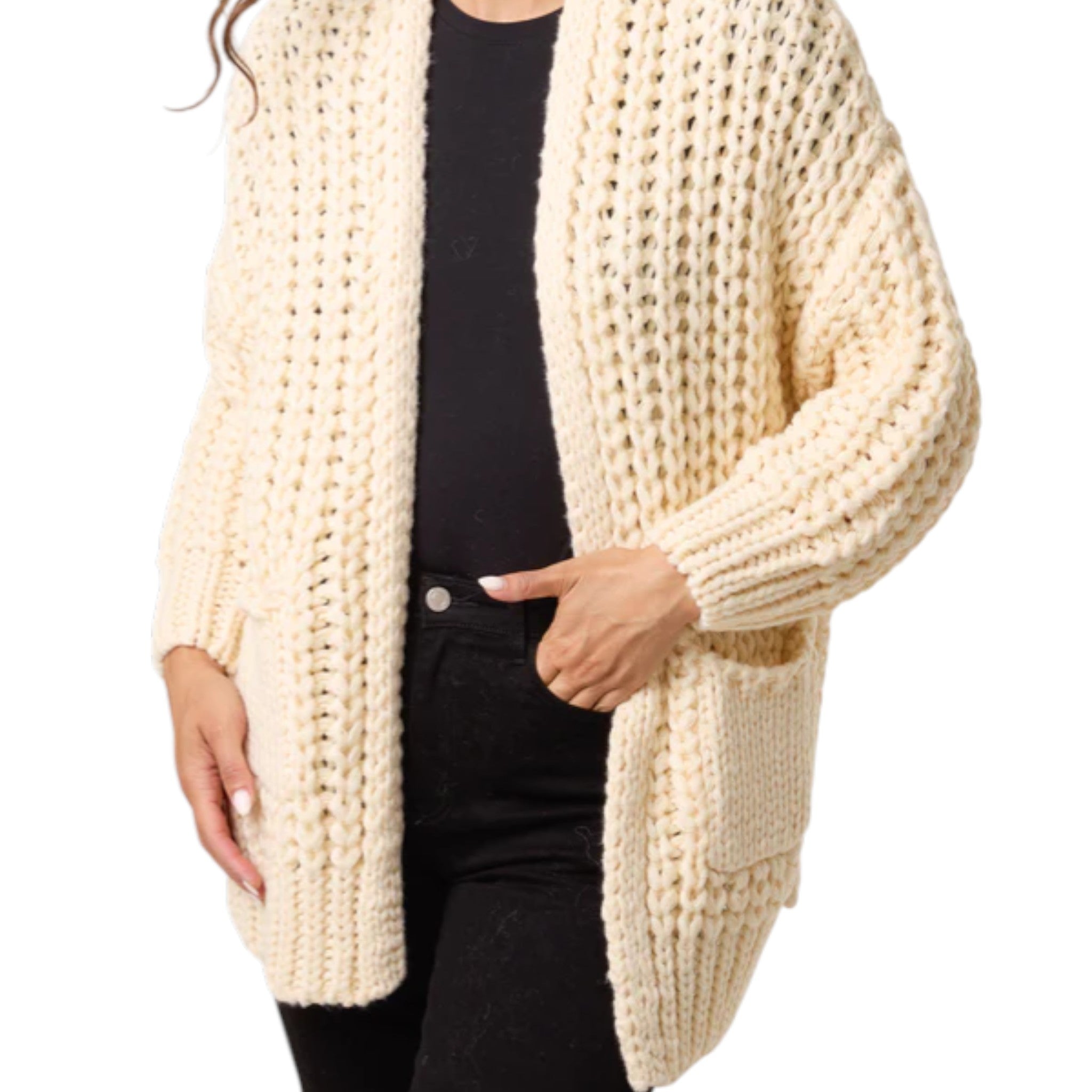Wild Flower - Ladies - Thick Cable Knit Pockets Cardigan - Cream - Wildvine Clothing, Spalding, Lincolnshire