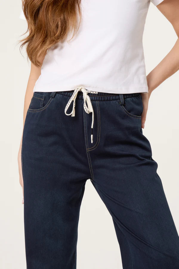 QED London - Ladies - Elastic Waist Heart String Jeans - indigo - Wildvine Clothing, Spalding, Lincolnshire