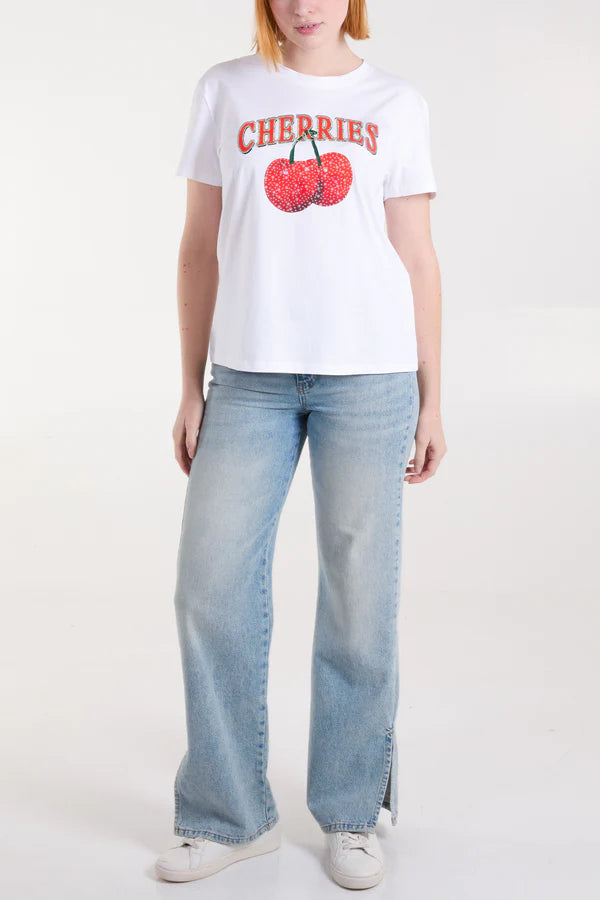 QED - Ladies - 'Cherries' Embellished Print T-Shirt - Wildvine Clothing, Spalding, Lincolnshire