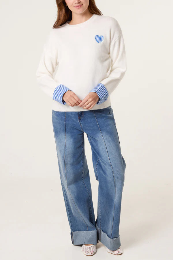 QED London - Ladies - Gingham Heart & Cuff Jumper - Ivory - Wildvine Clothing, Spalding, Lincolnshire