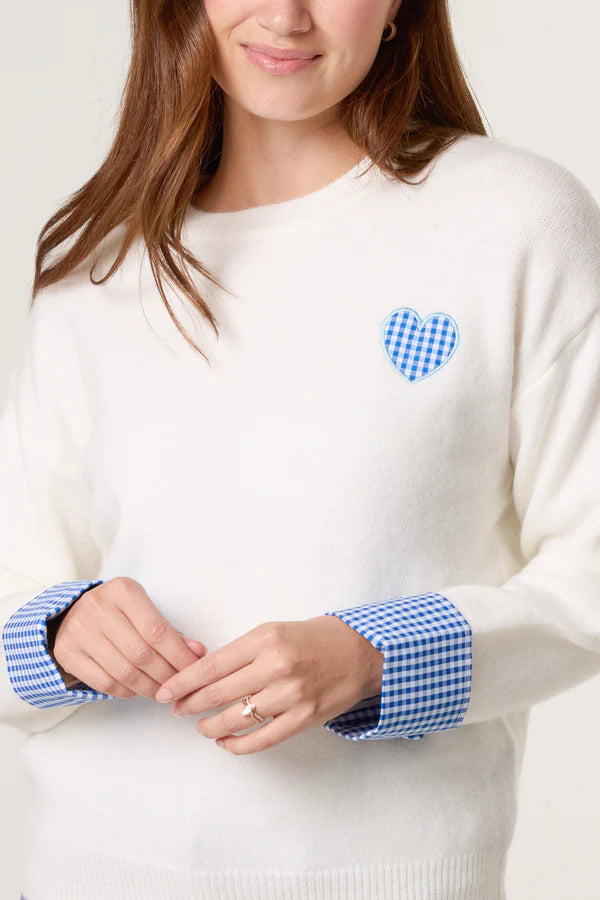 QED London - Ladies - Gingham Heart & Cuff Jumper - Ivory - Wildvine Clothing, Spalding, Lincolnshire