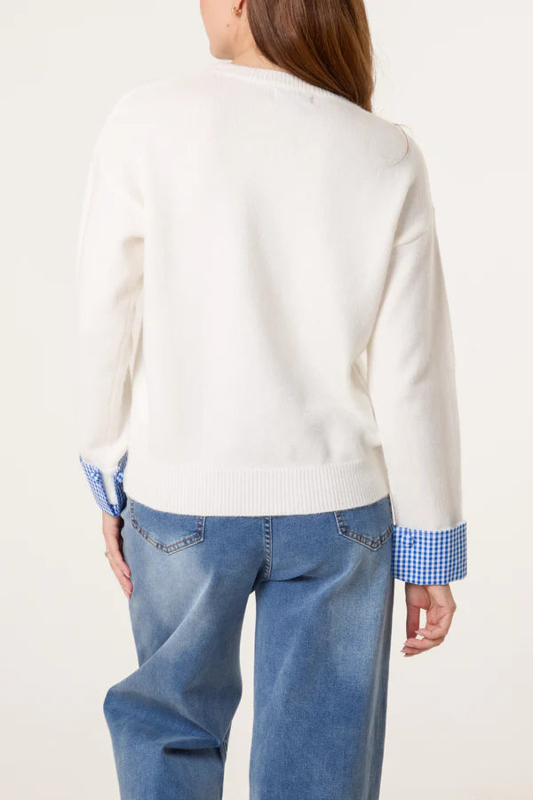 QED London - Ladies - Gingham Heart & Cuff Jumper - Ivory - Wildvine Clothing, Spalding, Lincolnshire