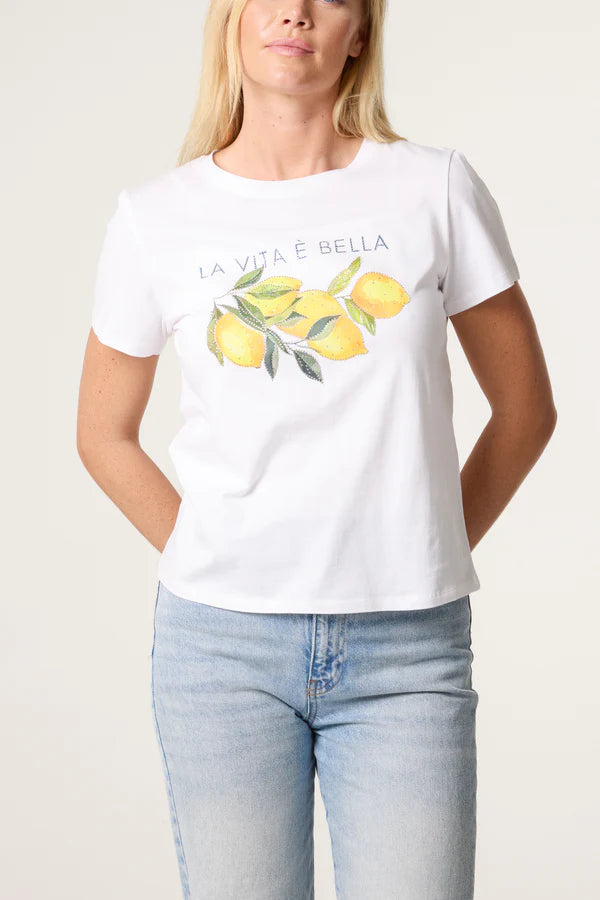 QED - Ladies - "Lemon" Embellished Print T-Shirt - Wildvine Clothing, Spalding, Lincolnshire