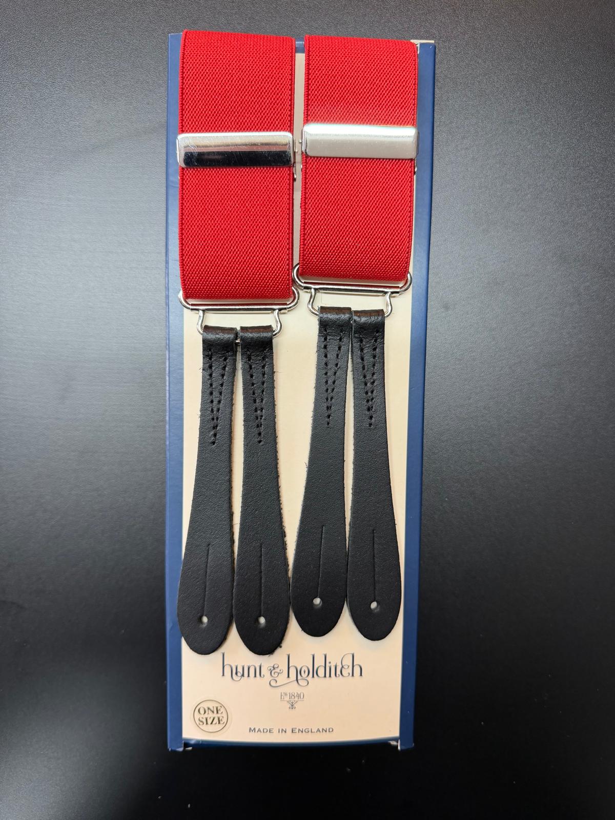 Hunt & Holditch - Mens - Plain Red Braces - Silver Fit-Black Leather - One Size - Wildvine Clothing, Spalding, Lincolnshire