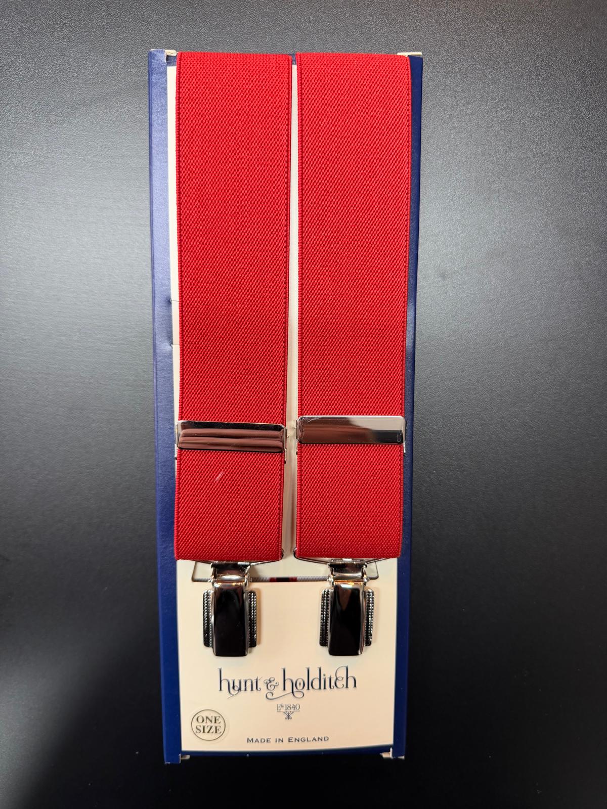 Hunt & Holditch - Mens - Plain Red Braces-Feathered Silver Clip - One Size - Wildvine Clothing, Spalding, Lincolnshire