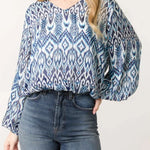 QED London - Ladies - Aztec Print V-Neck Puffball Blouse - Blue/White - Wildvine Clothing, Spalding, Lincolnshire