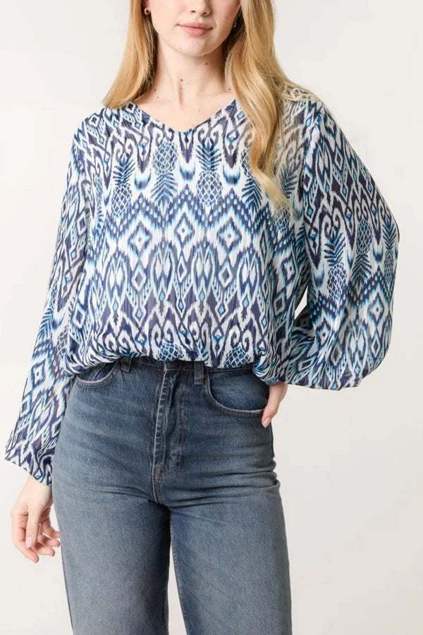 QED London - Ladies - Aztec Print V-Neck Puffball Blouse - Blue/White - Wildvine Clothing, Spalding, Lincolnshire