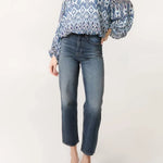 QED London - Ladies - Aztec Print V-Neck Puffball Blouse - Blue/White - Wildvine Clothing, Spalding, Lincolnshire