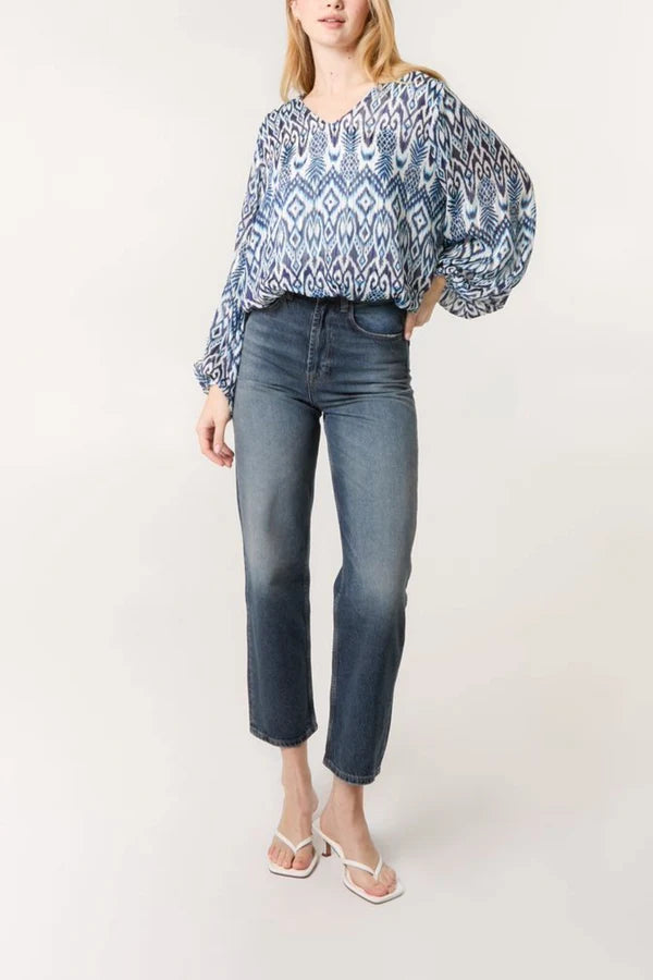 QED London - Ladies - Aztec Print V-Neck Puffball Blouse - Blue/White - Wildvine Clothing, Spalding, Lincolnshire