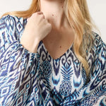 QED London - Ladies - Aztec Print V-Neck Puffball Blouse - Blue/White - Wildvine Clothing, Spalding, Lincolnshire