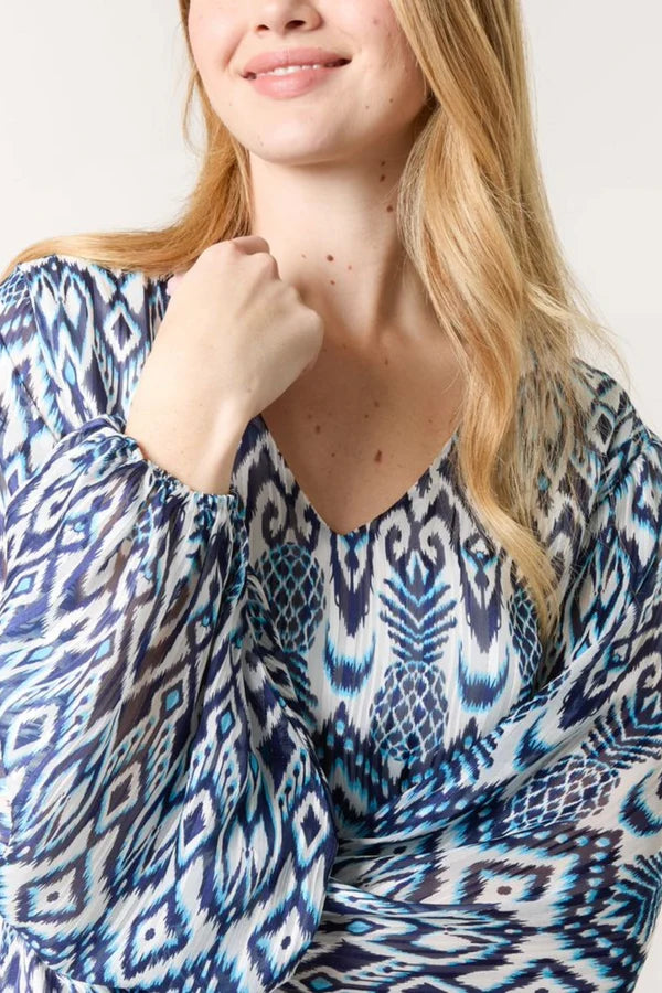 QED London - Ladies - Aztec Print V-Neck Puffball Blouse - Blue/White - Wildvine Clothing, Spalding, Lincolnshire