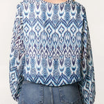 QED London - Ladies - Aztec Print V-Neck Puffball Blouse - Blue/White - Wildvine Clothing, Spalding, Lincolnshire