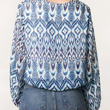 QED London - Ladies - Aztec Print V-Neck Puffball Blouse - Blue/White - Wildvine Clothing, Spalding, Lincolnshire