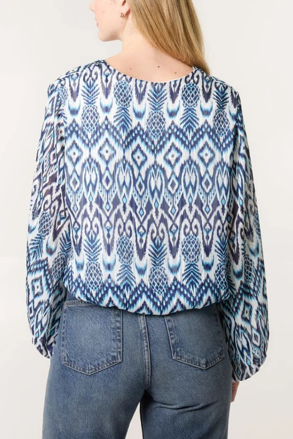 QED London - Ladies - Aztec Print V-Neck Puffball Blouse - Blue/White - Wildvine Clothing, Spalding, Lincolnshire