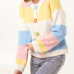 Wild Flower - Ladies - Striped Block Flower Button Knit Cardigan - Multi Colour - Wildvine Clothing, Spalding, Lincolnshire