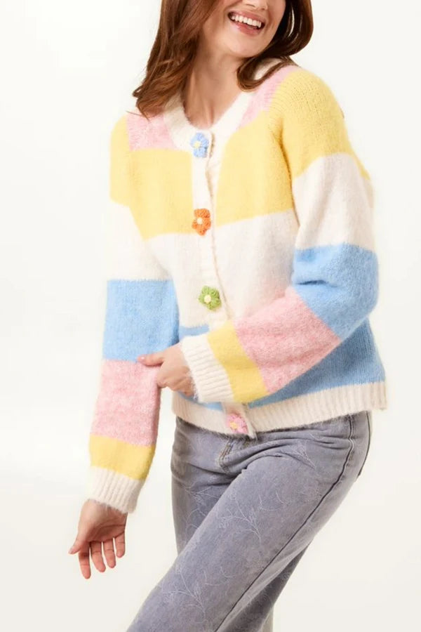 Wild Flower - Ladies - Striped Block Flower Button Knit Cardigan - Multi Colour - Wildvine Clothing, Spalding, Lincolnshire