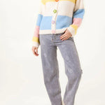 Wild Flower - Ladies - Striped Block Flower Button Knit Cardigan - Multi Colour - Wildvine Clothing, Spalding, Lincolnshire