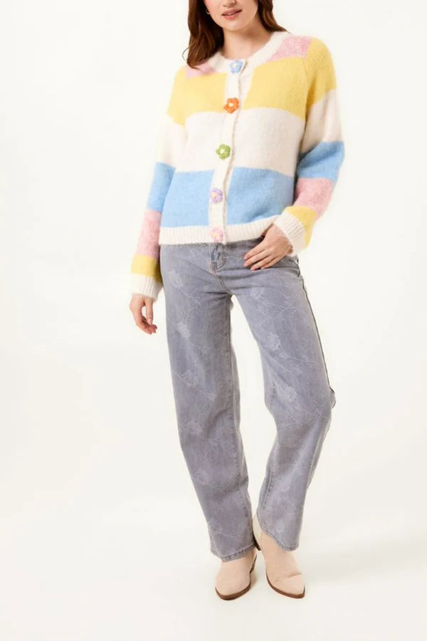 Wild Flower - Ladies - Striped Block Flower Button Knit Cardigan - Multi Colour - Wildvine Clothing, Spalding, Lincolnshire