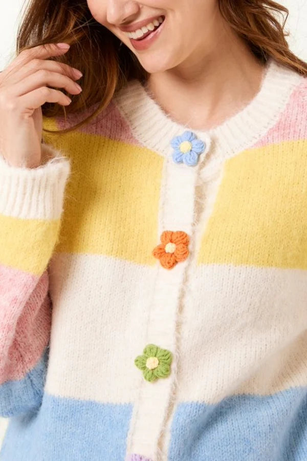 Wild Flower - Ladies - Striped Block Flower Button Knit Cardigan - Multi Colour - Wildvine Clothing, Spalding, Lincolnshire