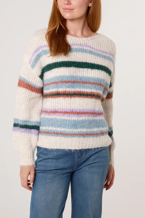 Wild Flower - Ladies - Colourful Striped Knit Jumper - Ivory/Multi - Wildvine Clothing, Spalding, Lincolnshire