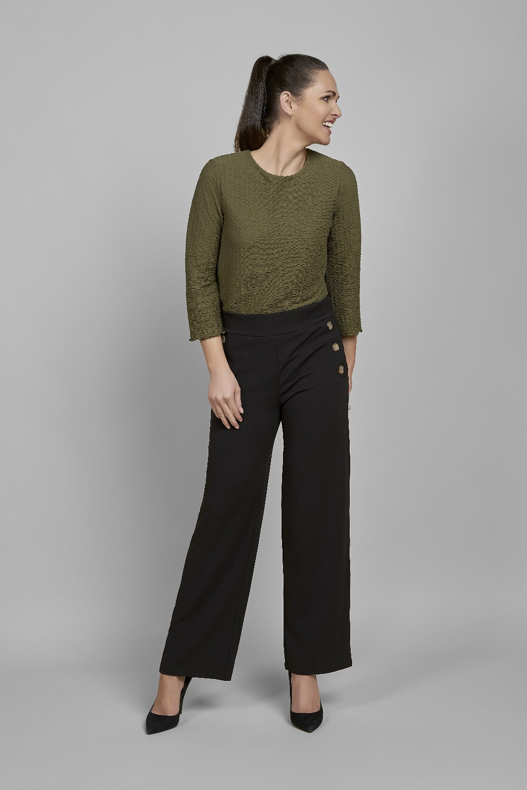 Pinnns - Ladies Wide Leg Jersey Trouser with Button feature - Chocolate 659T - Wildvine Clothing, Spalding, Lincolnshire