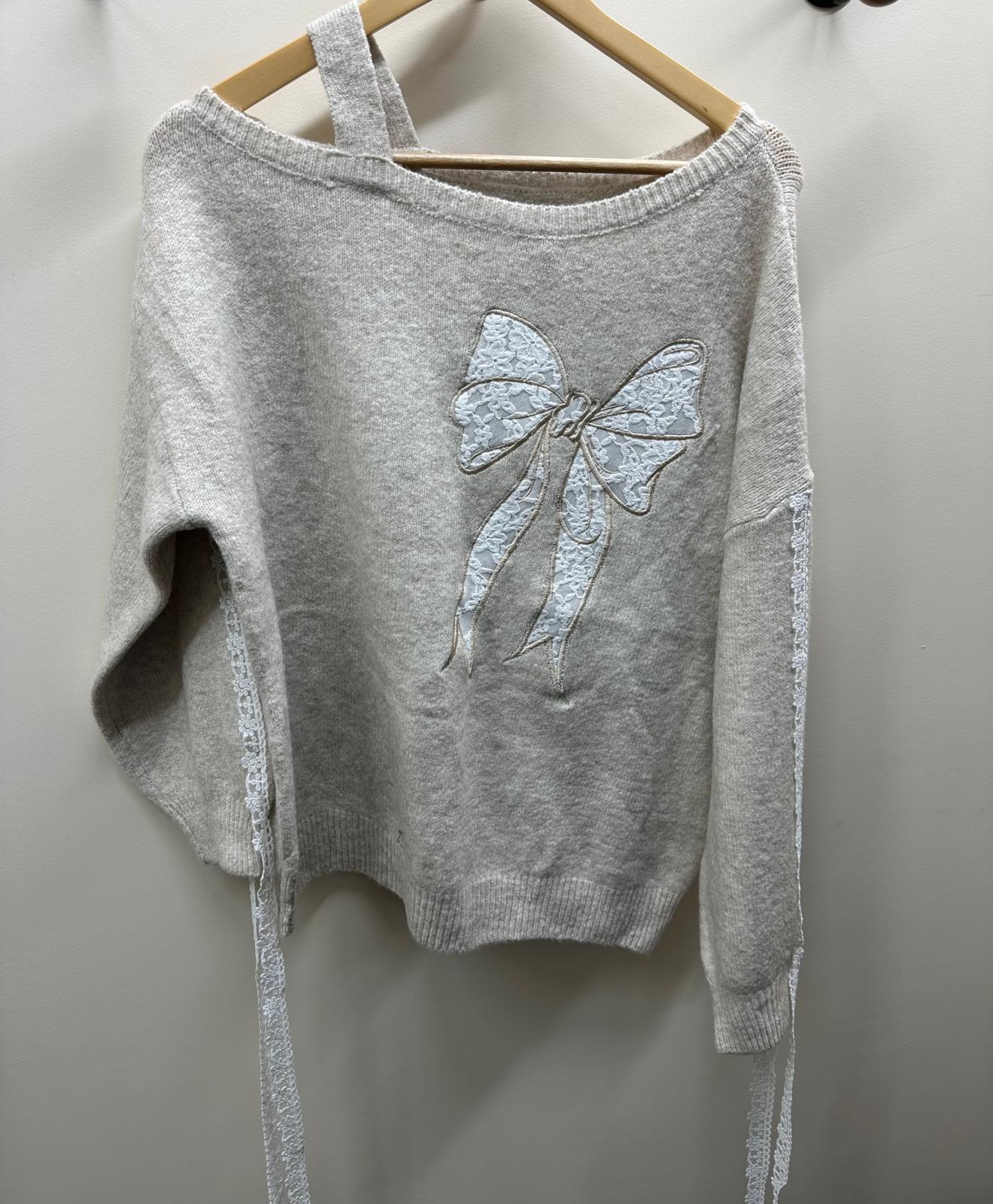 Wild Flower - Ladies - Bow Embroidered Jumper - Beige - Wildvine Clothing, Spalding, Lincolnshire