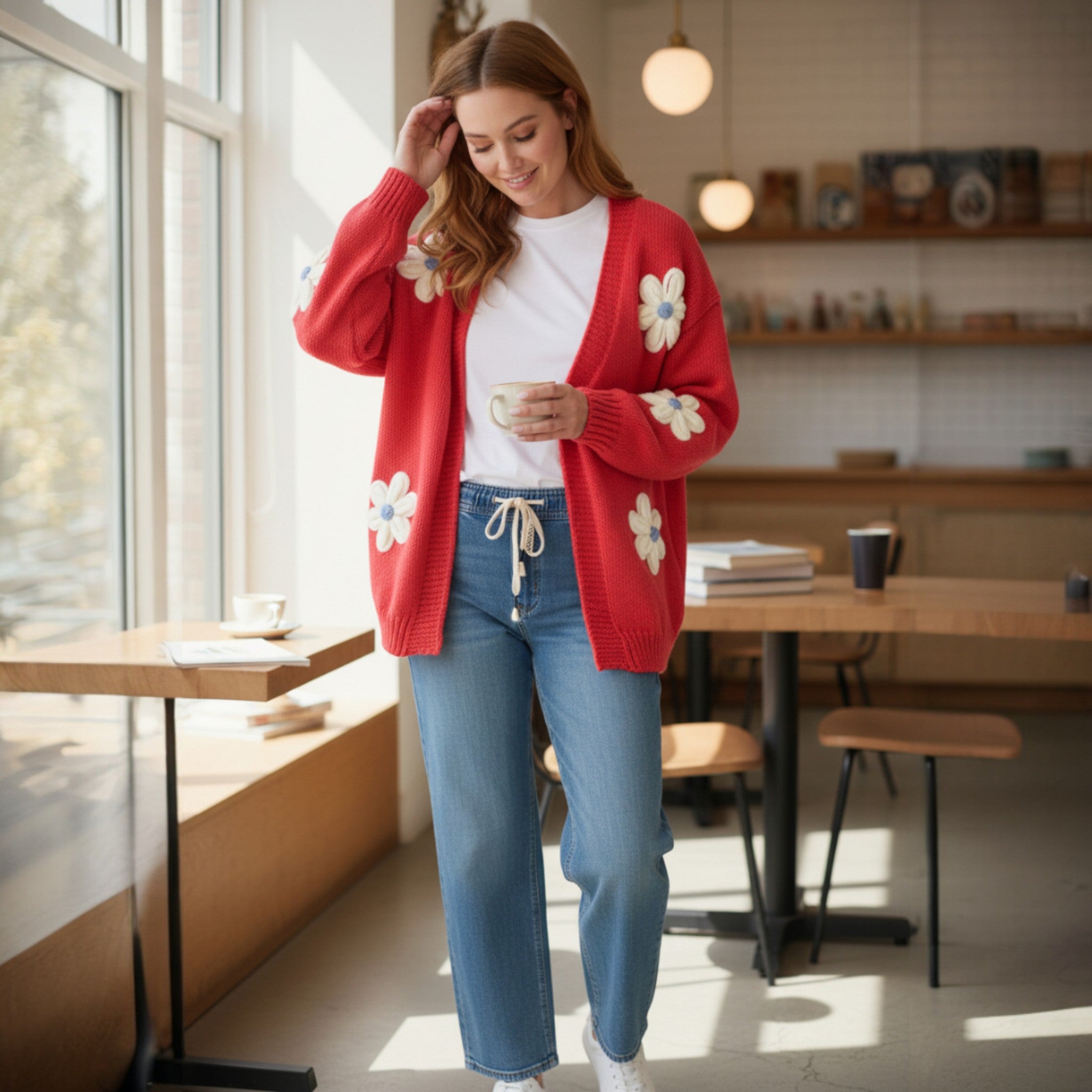 Wild Flower - Ladies - Flocking Daisy Open Knit Cardigan - Berry - Wildvine Clothing, Spalding, Lincolnshire